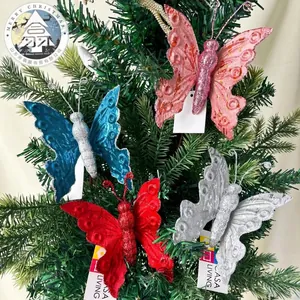 Christmas Butterfly Ornaments Velvet Glitter Hollow Mesh Decoration With Stem For Tree Wedding Floral Arrangement