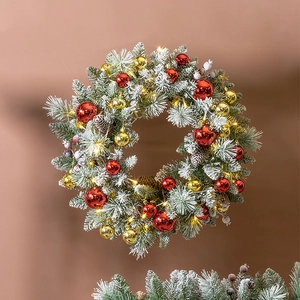 40cm pre-lit Christmas wreath with warm LED lights, gold red baubles and flocked pine needles