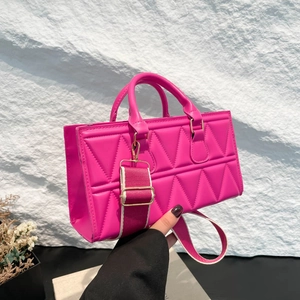 Rose red geometric quilted PU leather tote bag with wide strap and top handles