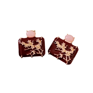 Vintage style red quadrilateral earrings with golden plum blossom branch and pink gemstone