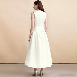 Elegant cream sleeveless midi dress with a cinched waist and full A-line skirt back view