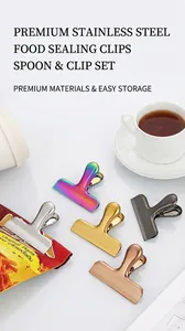 Five assorted metallic colors of heavy-duty stainless steel T-shape kitchen food bag clips