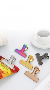 Five assorted metallic colors of heavy-duty stainless steel T-shape kitchen food bag clips