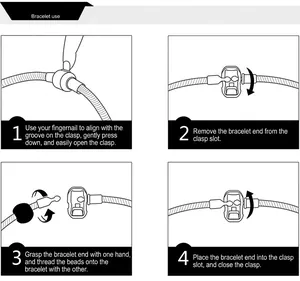 Illustration der vier Schritte zum Öffnen, Perlen aufziehen und Schließen des Armbands