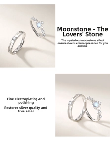 Detail of moonstone crown ring and geometric band with silver plating and micro-inlay