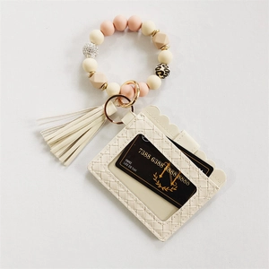 Beige PU leather card holder keychain with colorful silicone bead bracelet and tassel