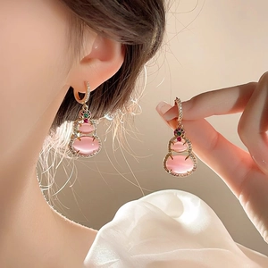 14k gold plated gourd drop earrings with pink cats eye stone and colorful zircons