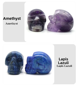 Macro detail of hand-carved Amethyst and Lapis Lazuli crystal skulls for decor