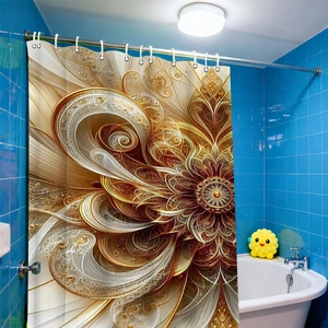 Close-up of golden floral shower curtain made of waterproof polyester with white hooks