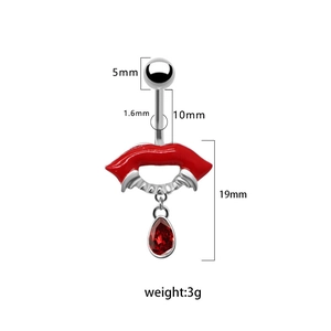 Vue détaillée d'un piercing de nombril lèvres rouges avec dimensions indiquées