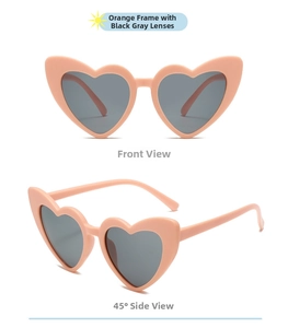 Detailed views of orange heart-shaped kids sunglasses with black lenses and UV protection