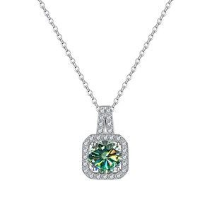 925 sterling silver necklace with a square halo green moissanite pendant on white background