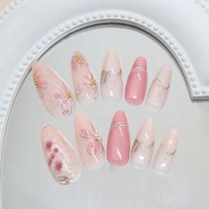 Handmade 3D floral press-on nails with pearls and glitter in almond shape, 24 pieces