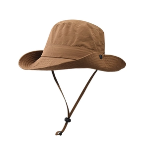 Detail of dark khaki outdoor sun hat with adjustable chin strap and side snap buttons