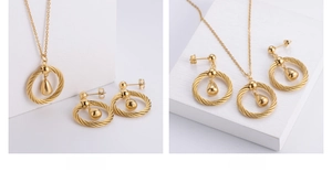 Detailed view of 18K gold plated jewelry set with twisted frames and waterdrop pendants