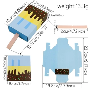 Ice cream shaped candy box in blue and yellow colors with detailed size dimensions