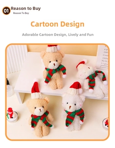 Close-up of cute Christmas teddy bears with knitted hats and scarves in soft plush material