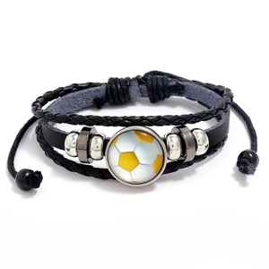 Fashionable multilayer braided leather soccer bracelet with glass bead and football charm