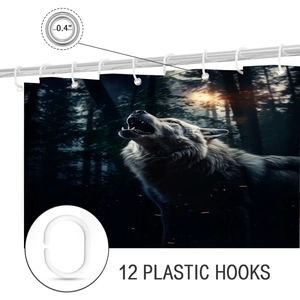 Detail of forest wolf shower curtain with metal grommets and 12 plastic C-type hooks