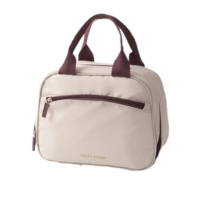 Minimalist beige and burgundy portable insulated lunch bag with Tasty Food print