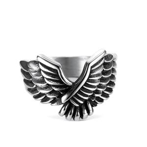 Vintage stainless steel flying eagle wing ring with retro punk feather details