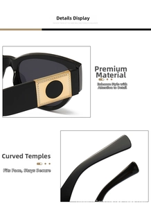 Detail view of oval cat eye sunglasses featuring gold square accents and curved temples