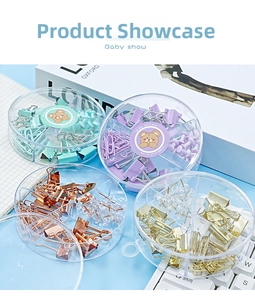 Close-up of macaron color binder clips and paper clips in a 4-compartment round box
