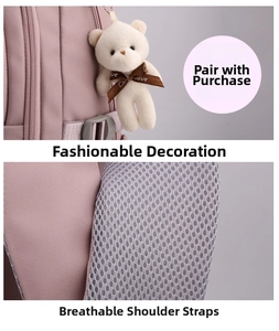 Pink backpack detail showing a plush bear charm and breathable honeycomb mesh shoulder straps