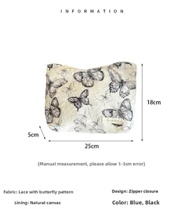Detailed view of lace cosmetic bag with butterfly embroidery and 25x18x5cm dimension labels