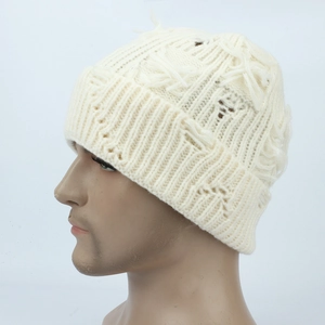Detail of white distressed knit beanie featuring stylish ripped design on a side mannequin