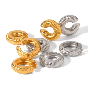 Minimalist C-shaped stainless steel ear cuffs with vertical stripe and scale textures