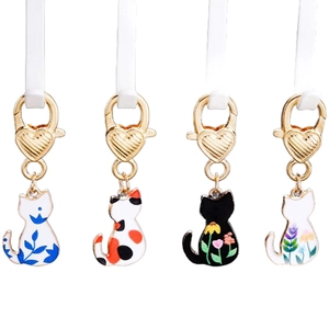 Set of 4 cute cartoon cat enamel charms with heart lobster clasps and artistic floral prints