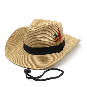 Western Cowboy Straw Hat With Feather Ribbon Wide Brim Sun Protection Outdoor Beach Travel Breathable For Men Women