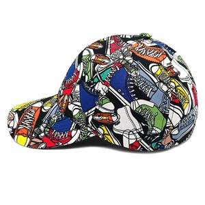 Side view of baseball cap featuring all-over sneaker print and classic 6-panel structure