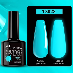 Macro view of cyan blue glow-in-dark nail polish bottle and fluorescent finish effects