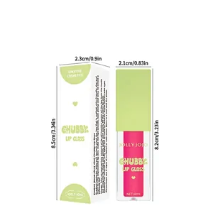 Detail view of 4ml transparent pink lip gloss with dimensions and retail packaging box