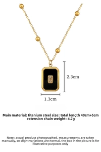 Detailed specs of titanium steel necklace with black pendant and gold bead chain