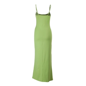 Detailed back view of light green floral midi dress with slim fit and spaghetti straps