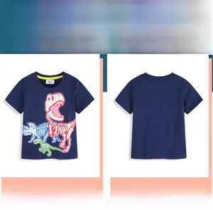 Flat lay of boys navy cotton T-shirt featuring colorful glowing dinosaur skeleton prints