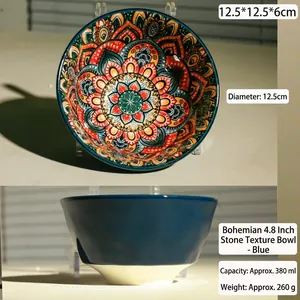 4,8 Zoll böhmische Keramikschale, blau mattes Äußeres mit buntem Mandala-Muster
