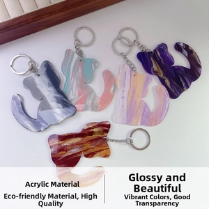 Detail showing acrylic cat keychains with marble texture in five vibrant gradient colors