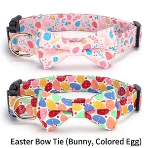 Easter dog collars with bunny and egg prints, adjustable safety buckle and metal D-ring