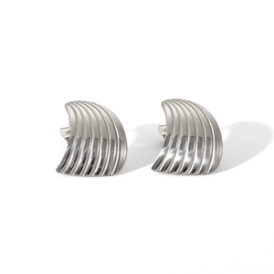 Detailed macro view of silver fan-shaped titanium steel stud earrings with striped texture