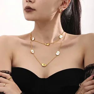 French Style Stainless Steel Long Necklace For Women Gold Silver Natural White Shell Pendant Layered Sweater Chain Jewelry