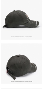 Detailed views of a distressed dark grey baseball cap with embroidery and metal buckle