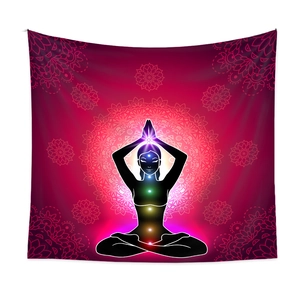 Detailed view of magenta yoga tapestry with seven chakra dots and mandala pattern