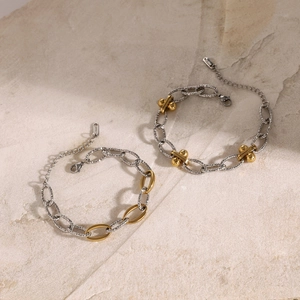 Two-tone 18k gold and stainless steel hammer textured chain bracelets for women