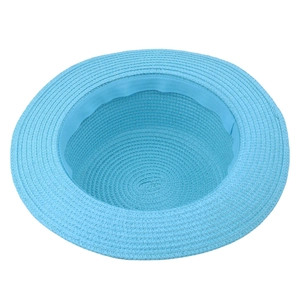 Close-up of the sky blue straw hat showing inner lining and fine woven texture