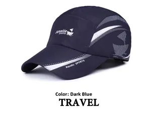 Detail view of navy blue waterproof baseball cap with Aquatic Sports logo embroidery