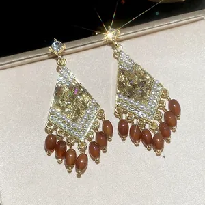 Vintage gold diamond drop earrings with rhombus crystal fringe and brown beads